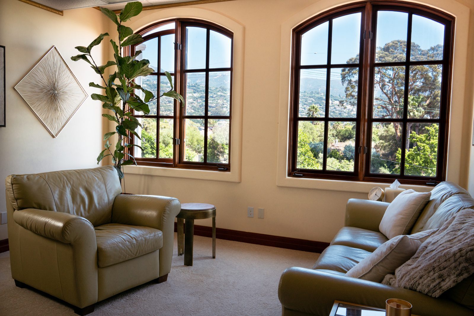 Deborah Batres' therapy office in Santa Barbara: warm armchairs, soft lamp light, and calming decor